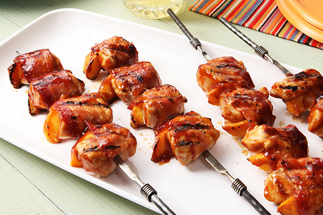 Barbecue Chicken and Peach Kabobs with Bacon