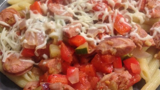 Penne, Peppers, and Chicken-Apple Sausage Saute